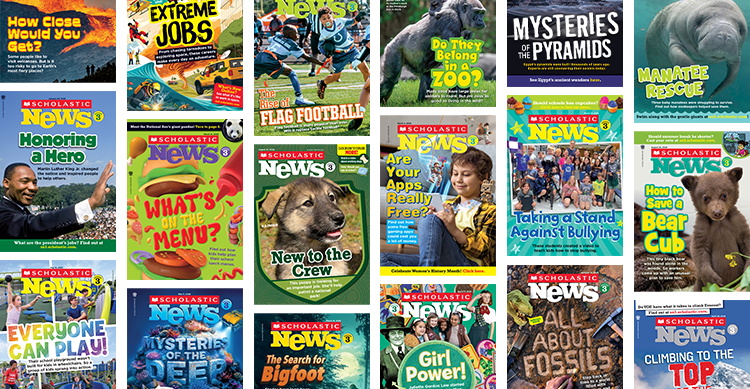 Collage of Scholastic News magazine covers on a variety of educational topics