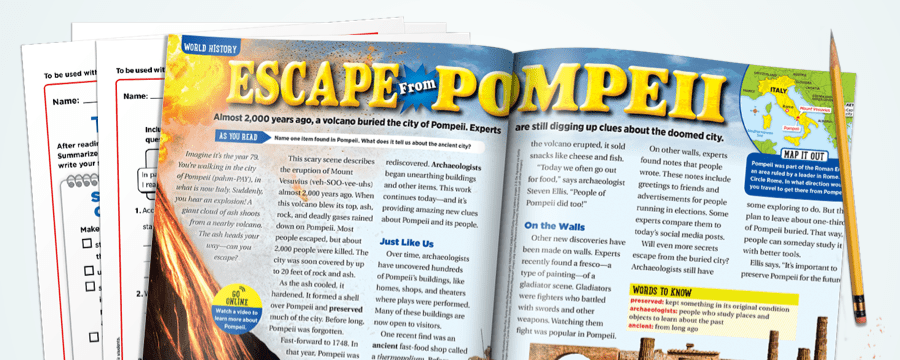 An assortment of Scholastic News magazine spreads