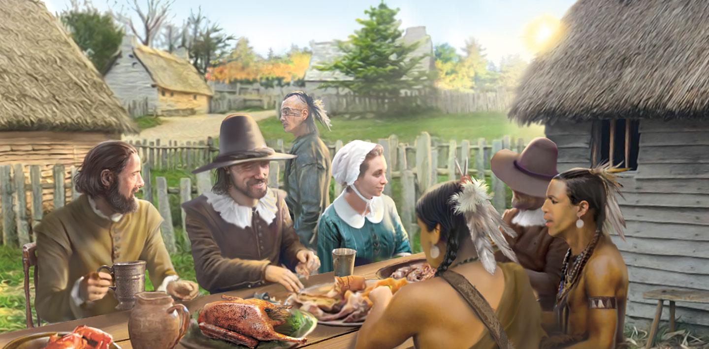 Native Americans and Pilgrims sit around a diner table.