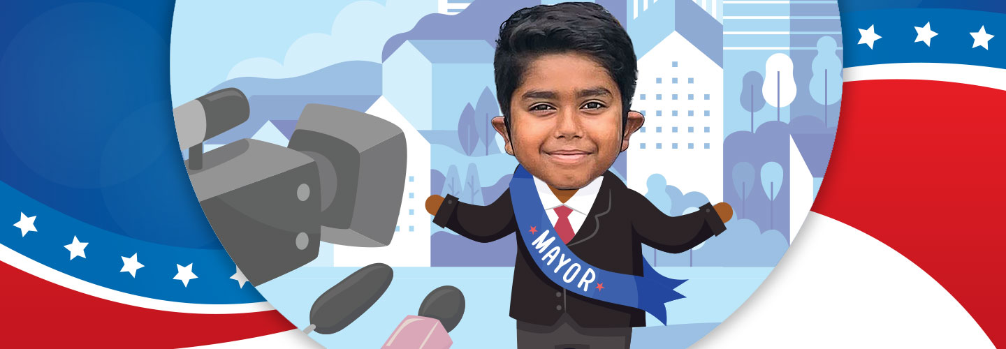 Illustration of kid mayor being interviewed