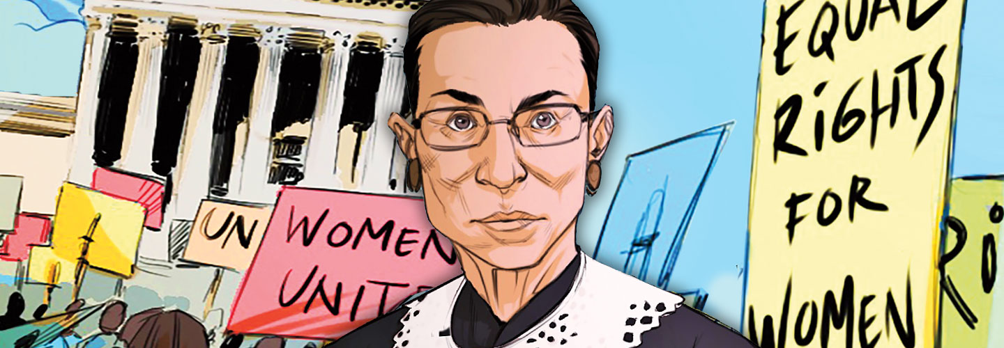 Illustration of Ruth Bader Ginsburg and protests occurring in the background