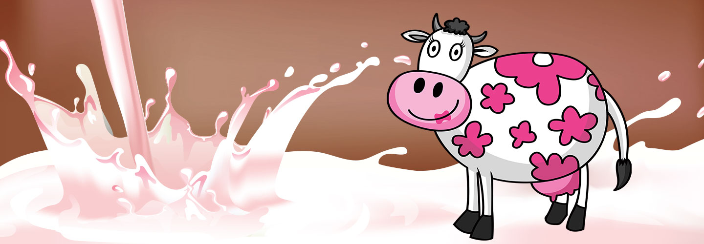 Milk splashes as it&apos;s poured. A cartoon cow with pink flowers on its body.