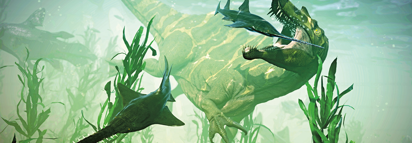 Illustration of a dinosaur underwater eating sharks swimming by