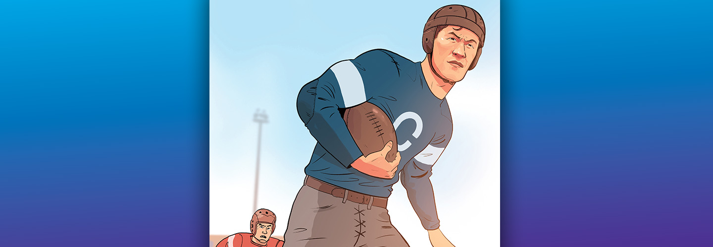 Comic illustration of Jim Thorpe playing football