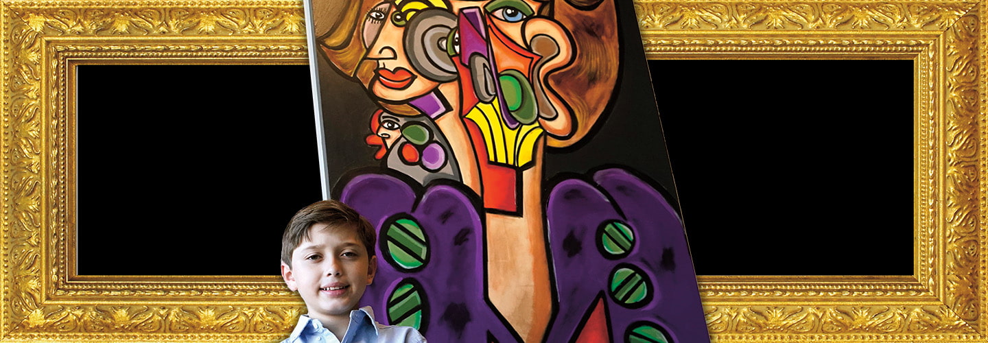 Image of a kid standing next to art and a frame filled with black