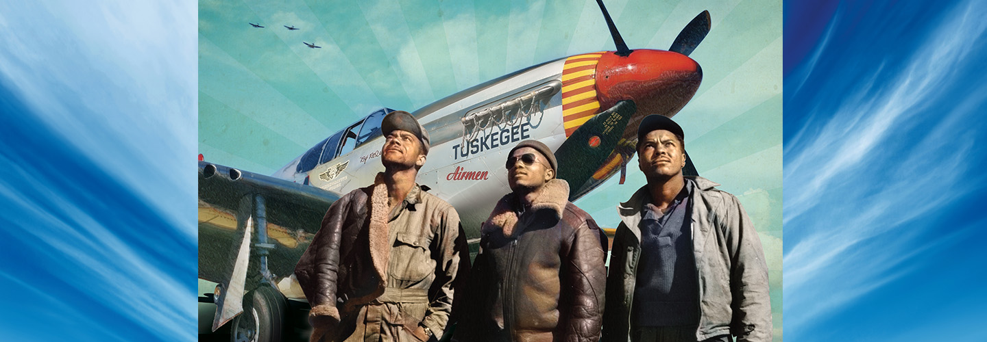 Colorized photo of African-American military aviators standing in front of the Tuskegee plane