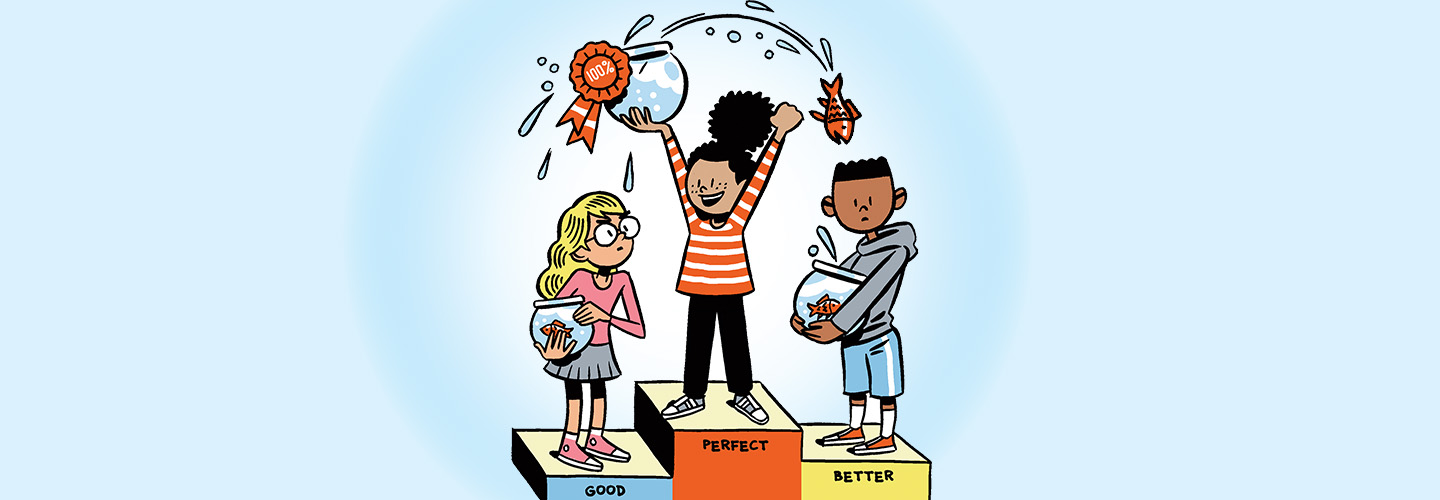 Illustration of three students standing on a three tier award podium