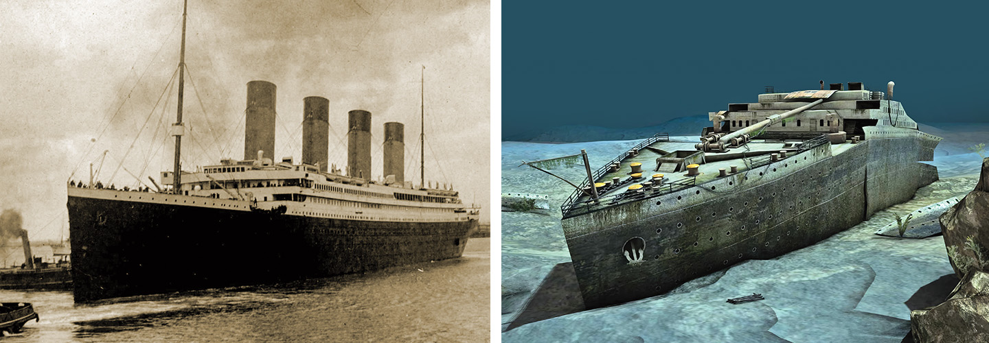 Image of a ship sailing and image of same ship at bottom of ocean