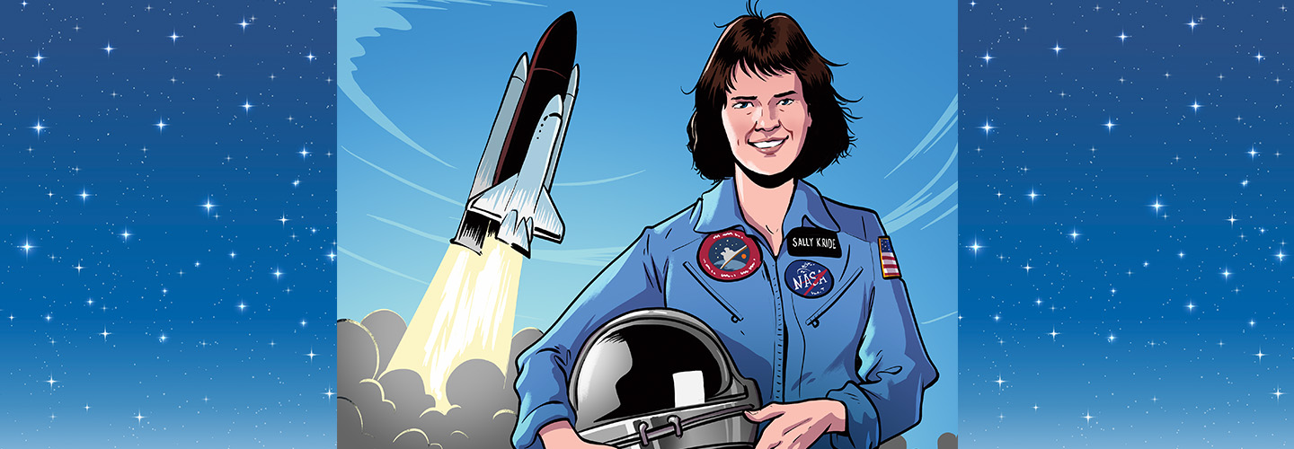 Illustration of Sally Ride in NASA gear and a spaceship launching in the background