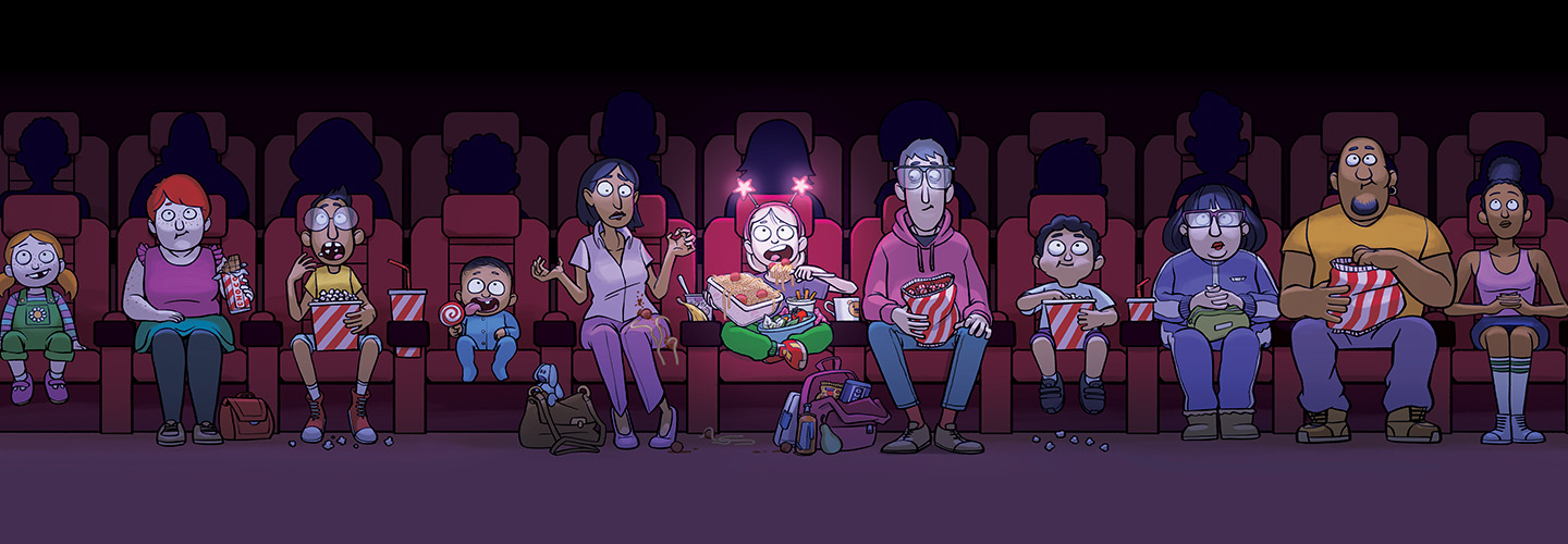 cartoon of a crowd eating snacks at the movies, with one girl eating spaghetti and meatballs