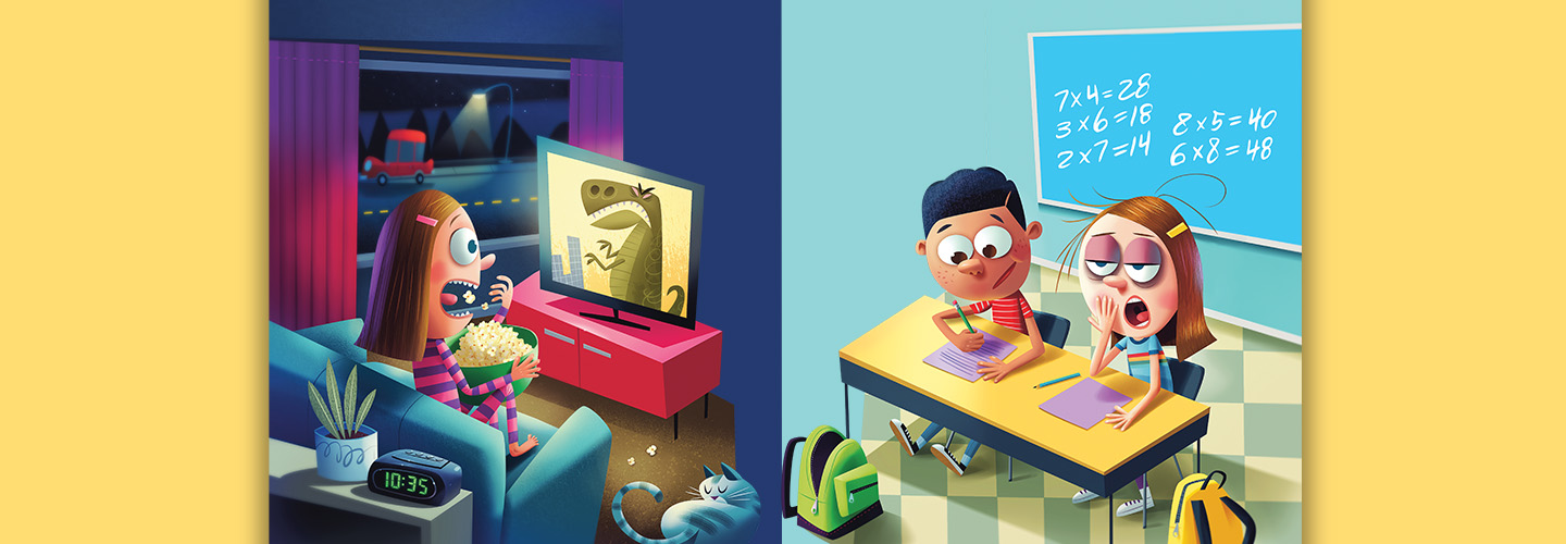 a cartoon of a girl watching TV at night, then looking tired in school