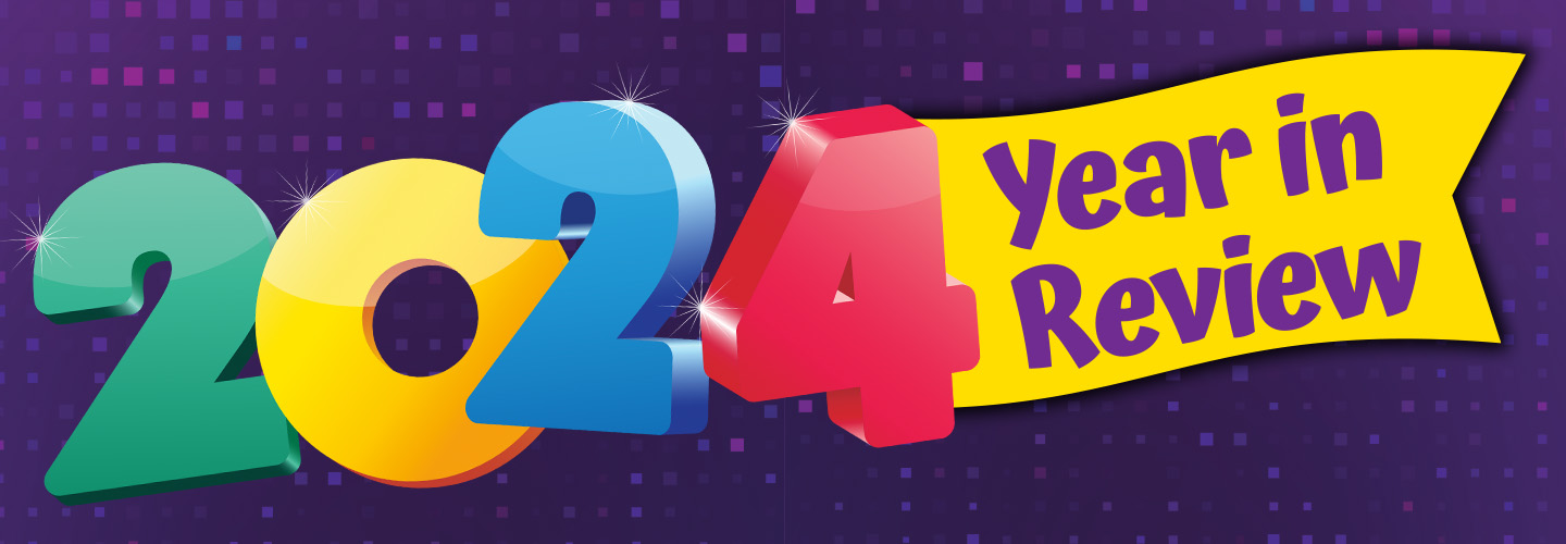 Text that reads 2024 YEAR IN REVIEW over a textured purple background