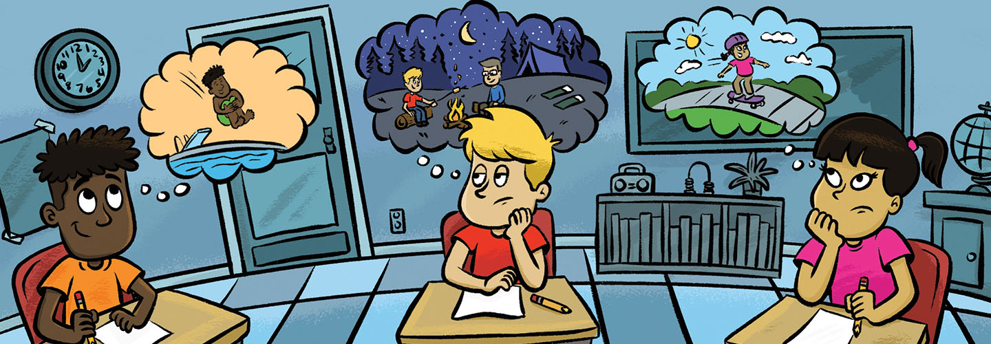 Illustration of students at school daydreaming about summer activities like swimming and camping