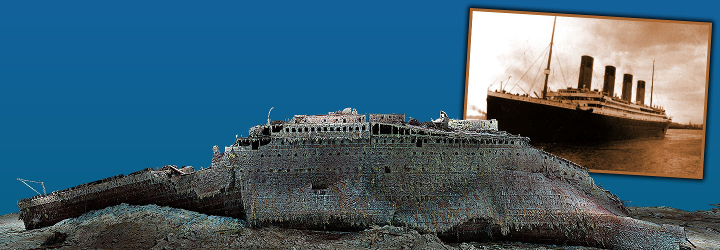 Sepia image of Titanic and image of it sunken at bottom of ocean