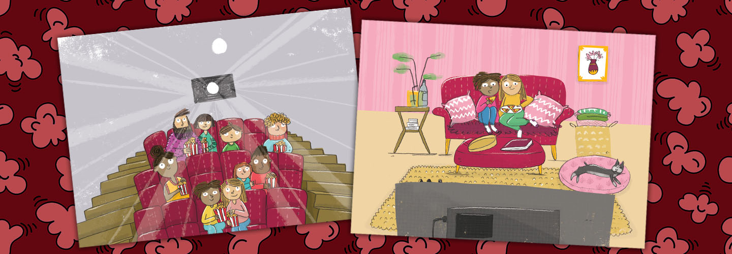 Illustration of people watching movie in theatres and at home