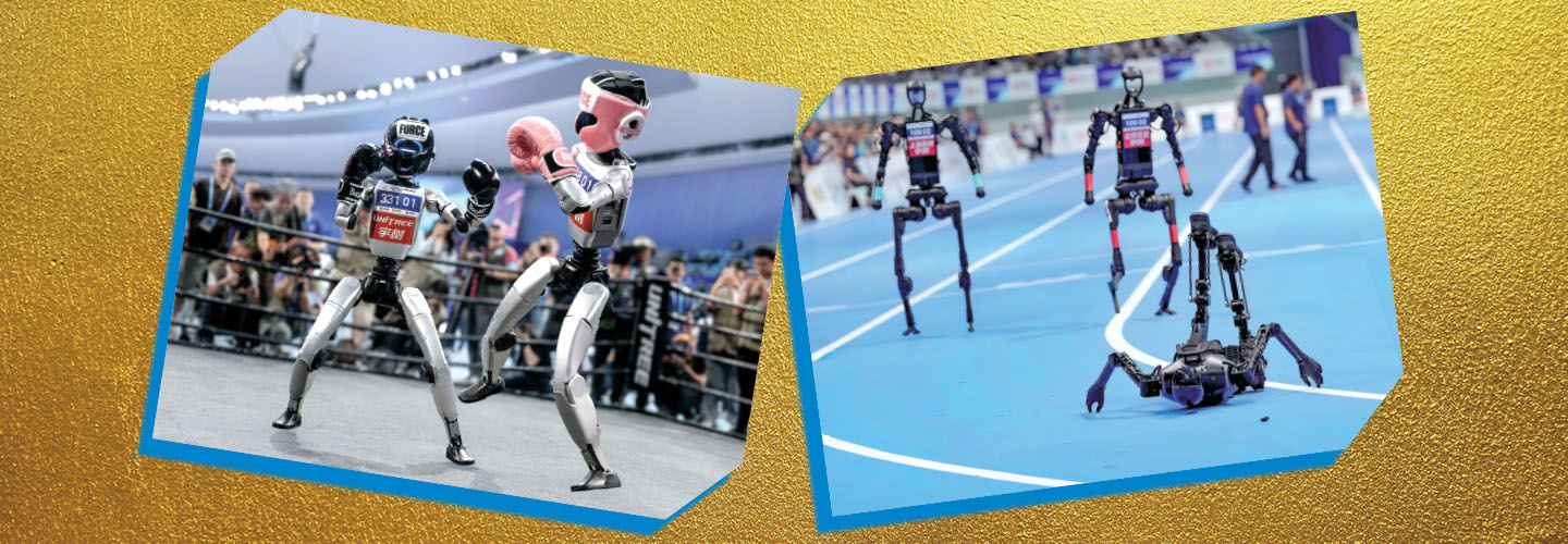 Image of robots fighting each other and image of a fallen robot