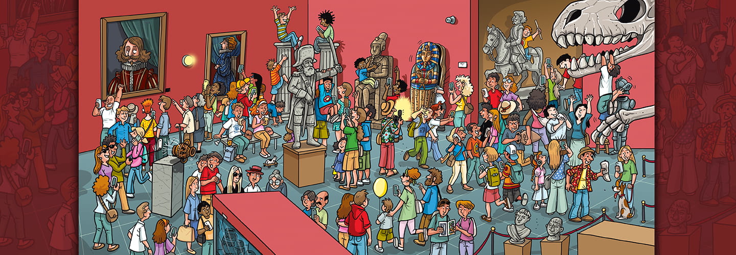 Illustration of a very busy museum