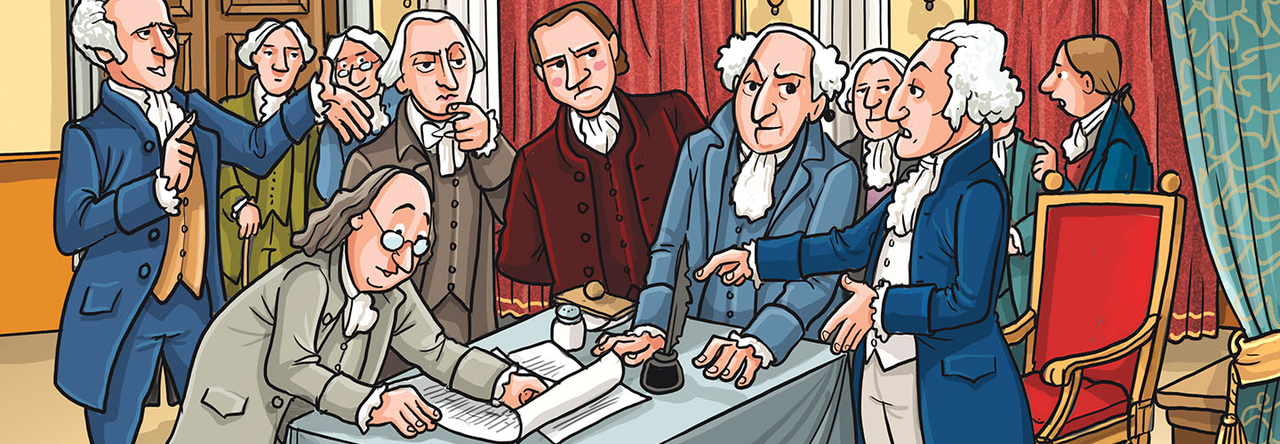 A group of colonial-era figures debate around a table where a man reviews a document with a quill and ink