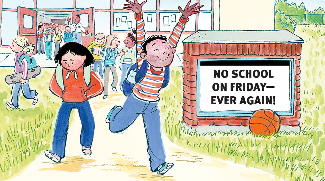 Two children leave school past a sign that reads No School On Friday — Ever Again