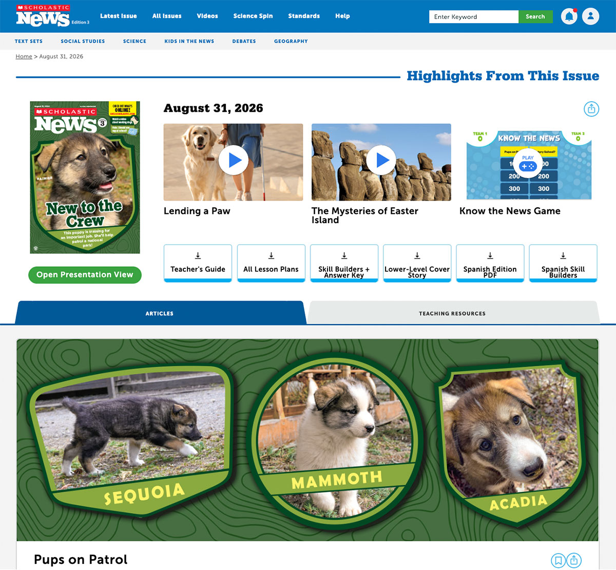 Scholastic News Edition 3 website showing highlights from the August 31, 2026 issue